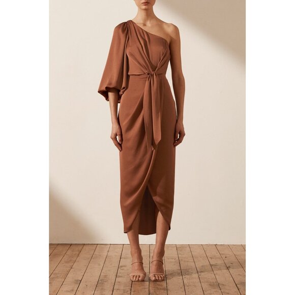 SHONA JOY dress luxe tie front one shoulder satin mocha midi party event 4 - Picture 1 of 11